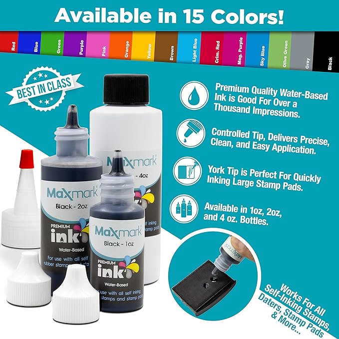 MaxMark Premium Refill Ink for self Inking Stamps and Stamp Pads, Blue Color - 4 oz.