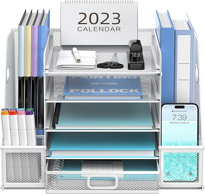 SUPEASY Mesh Desk Organizer with File Holder, 5-Tier Paper Letter Tray Organizer with Magazine Holder, Desktop Organizer and Storage with Drawer for Office Supplies Home or School, White