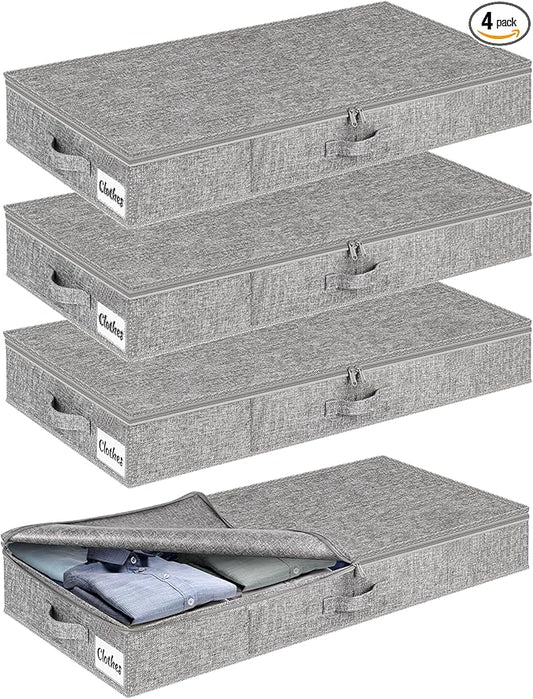 Under Bed Storage Container Bin 4 Pack, 4.5 Inch Slim Low Profile Underbed Clothes Storage Organizer for Dorm & Home, Use for Blanket and Toy Storage Box W/ Sturdy Bottom/Sides, Foldable Thick Fabric