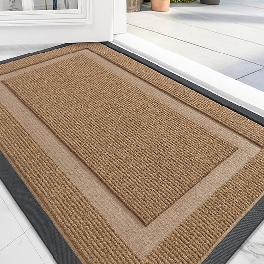 OLANLY Front Door Mat Indoor Outdoor Entrance, Waterproof All-Season, All-Weather Doormat, Sturdy Natural Rubber, Fade Resistant, Low Profile, Easy Clean Patio Porch Entryway Mat, 59x35, Light Brown