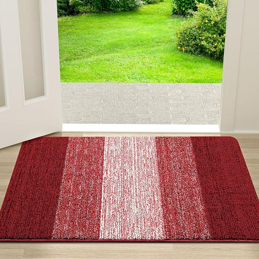 Kitinjoy Indoor Outdoor Door Mat, 30x17 Non-Slip Absorbent Dirt Trapper, Low-Profile Washable Inside Entrance Front Floor Mat, Sturdy Soft Entry Doormats for Entryway, Burgundy