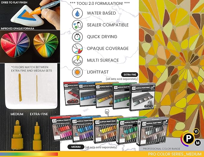 TOOLI-ART 22 Acrylic Paint Markers Paint Pens Pro Color Series Set 3mm Medium Tip for Rock Painting, Glass, Mugs, Wood, Metal, Glass Paint, Canvas, DIY. Non Toxic, Waterbased, Quick Drying (YELLOWS)