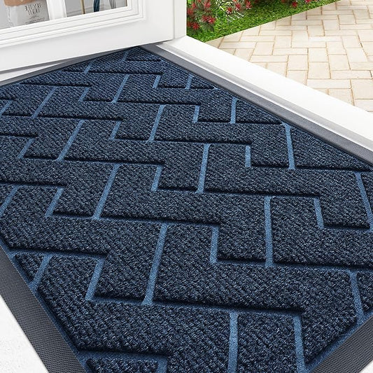 OLANLY Front Door Mat Indoor Outdoor Entrance, Waterproof All-Season, All-Weather Doormat, Sturdy Natural Rubber, Low Profile, Easy Clean Patio Porch Entryway Mat, Herringbone Brick (Blue, 71x47)