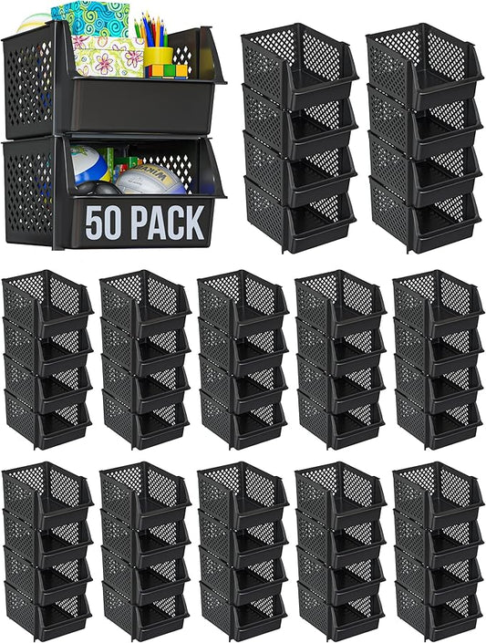 Skywin Plastic Stackable Storage Bins for Pantry - Stackable Bins for Organizing Food, Kitchen, and Bathroom Essentials (Black - 50 Pack)