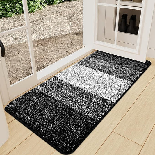 Kitinjoy Indoor Outdoor Door Mat, 59x24 Non-Slip Absorbent Dirt Trapper, Low-Profile Washable Inside Entrance Front Floor Mat, Sturdy Soft Entry Doormats for Entryway, Black