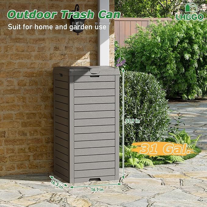 Outdoor Trash Can, 2 Set of 31 Gallon Garbage Can with Tiered Lid and Drip Tray, Waterproof Resin Patio Waste Bin for Garden, Backyard, Deck