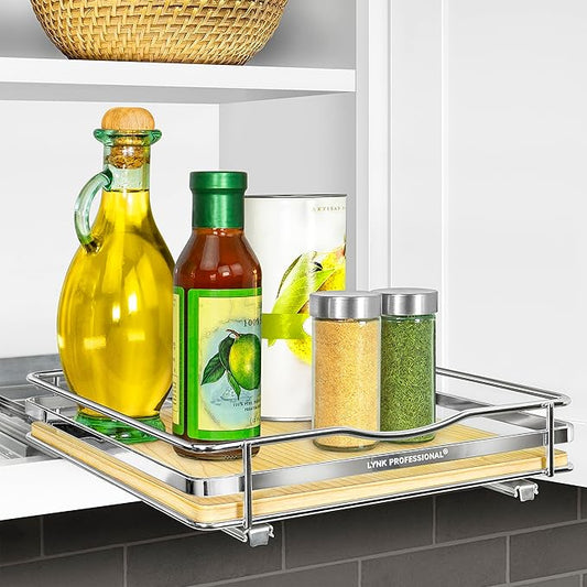 LYNK PROFESSIONAL® Élite™ Pull Out Spice Rack Organizer for Inside Kitchen Cabinets - 10-1/4 inch Wide - Slide Out Drawer – Wood/Chrome Sliding Spice Cabinet Organization Shelf Racks - 1 Tier