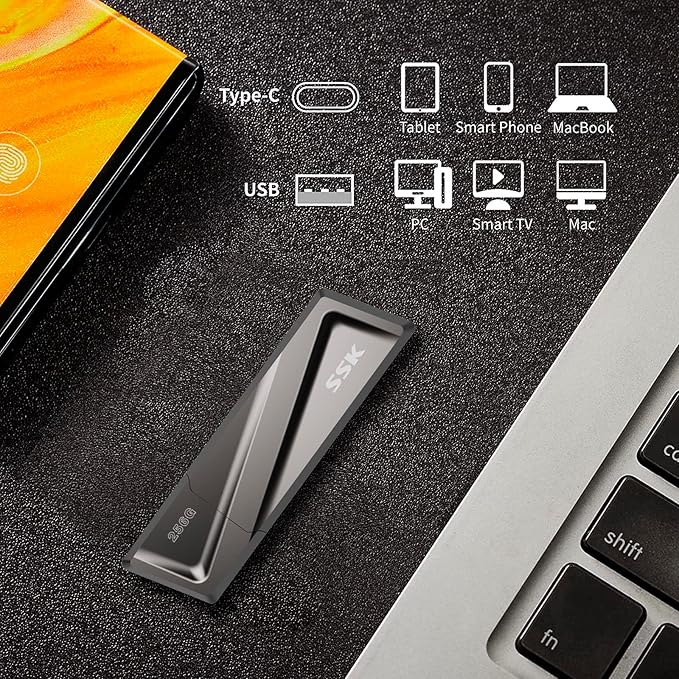 SSK 256GB USB Flash Drive 550MB/s USB 3.2 Gen2 USB Thumb Drive Fast Transfer Speed Externel Solid State Drive +USB C Adapter USB C Memory Stick for Type C Smartphone,MacBook/Pro/Air Laptop and More