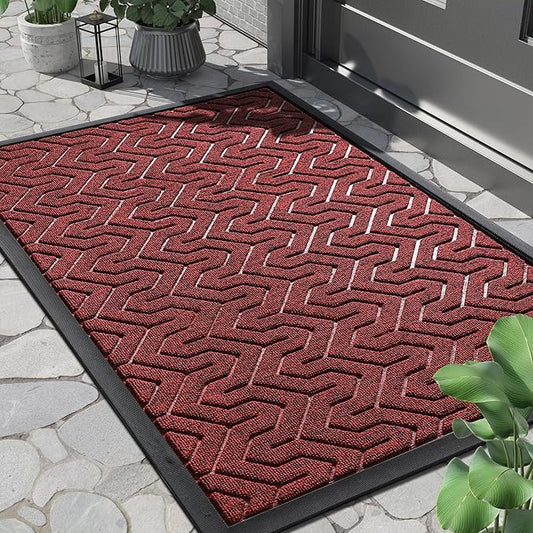 Yimobra Large Door Mat Outside Entrance 36x24, Waterproof Heavy Duty Outdoor Mats for Front Door, Non Slip Rubber Entry Mat for Garage Patio, Easy Clean, Black Red