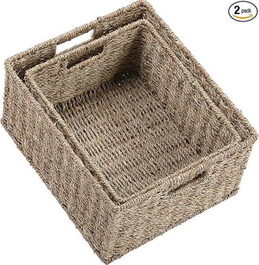 HOONEX Large Wicker Baskets for Storage, Seagrass Baskets with Dual Handles, Woven Set of 2, Natural