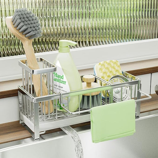 SWTYMIKI Sponge Holder for Kitchen Sink - Sink Caddy with Brush Holder Self-draining Sponge Caddy Organizer with Divider Stainless Steel Kitchen Accessories Storage for Countertop, Silver