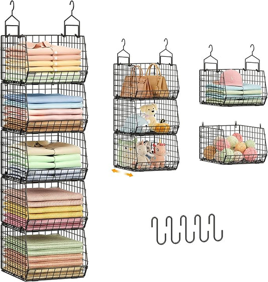 Deeper 4'' Design 5 Tier Foldable Hanging Closet Organizer and Storage，Wire Cabinet Shelves and Rack with 5 S Hooks,Stackable Metal Basket Bins for Clothes Shoe Purse,Holder for Wardrobe Dorm,Black