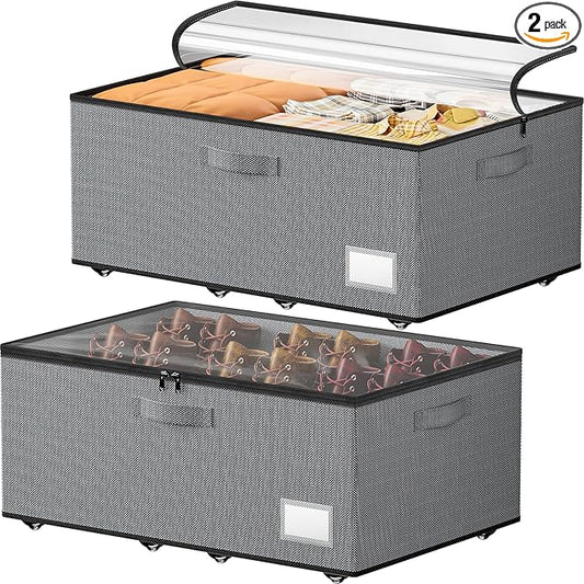 Underbed Storage with Wheels, 2 Pack Under Bed Storage Containers with Clear Lids, No Assembly Required 10.1 inch Rolling Under Bed Storage for Clothes, Grey