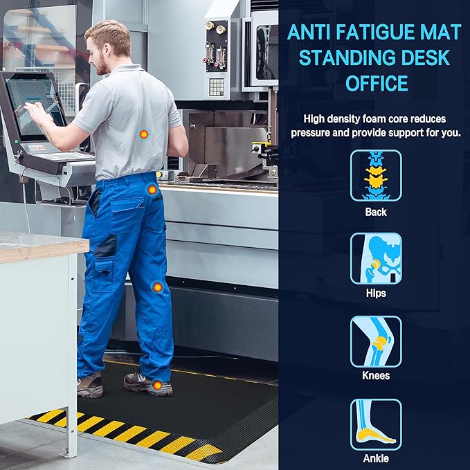 FEATOL Anti Fatigue Mats Industrial 8 Packs, Ergonomic Standing Floor Mat for Work for Stand, Black with Yellow Border Safety 20" x 39"-Support for Leg & Back Pain
