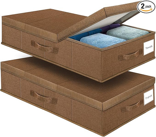 Underbed Storage Containers Bin with Lids (2pcs) Large Under Bed Storage Organizer Box with Handle, Foldable Under the Storage Bags for Organizing Clothes, Shoes, Blankets, Pillows-Dark brown