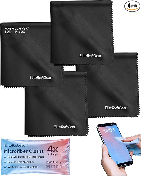 Elite Screens Microfiber Cleaning Cloth for Glasses & Electronics - 12" x 12", Pack of 4, Black - Lens Wipes, Eyeglass Cleaning Wipes & Lens Cloth for Smudge-Free Screens