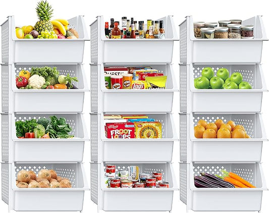TidyFriend Plastic Stackable Storage Bins for Pantry - 12 Pack Stackable Bins for Organizing Food, Kitchen, and Bathroom Essentials (White)