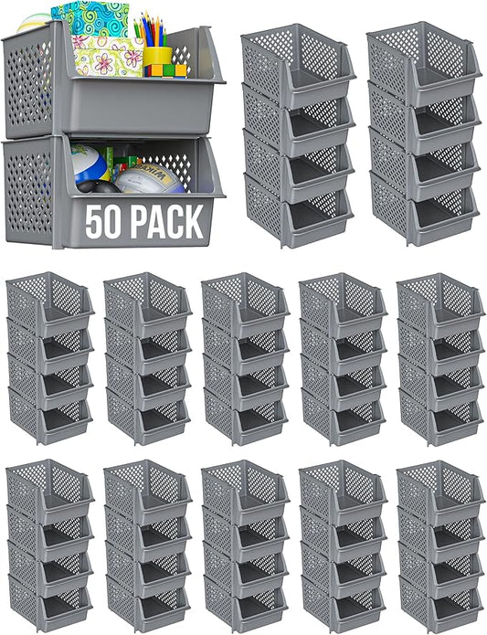 Skywin Plastic Stackable Storage Bins for Pantry - Stackable Bins for Organizing Food, Kitchen, and Bathroom Essentials (Grey - 50 Pack)