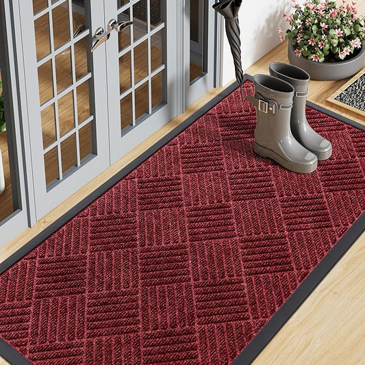 Smiry Front Door Mat Outside Entrance, Heavy Duty Outdoor Indoor Mat, Natural Rubber Doormat, Non Slip, Trap Dirt and Moisture, Easy Clean, Low Profile Patio Porch Entryway Mat, 47x23, Wine Red