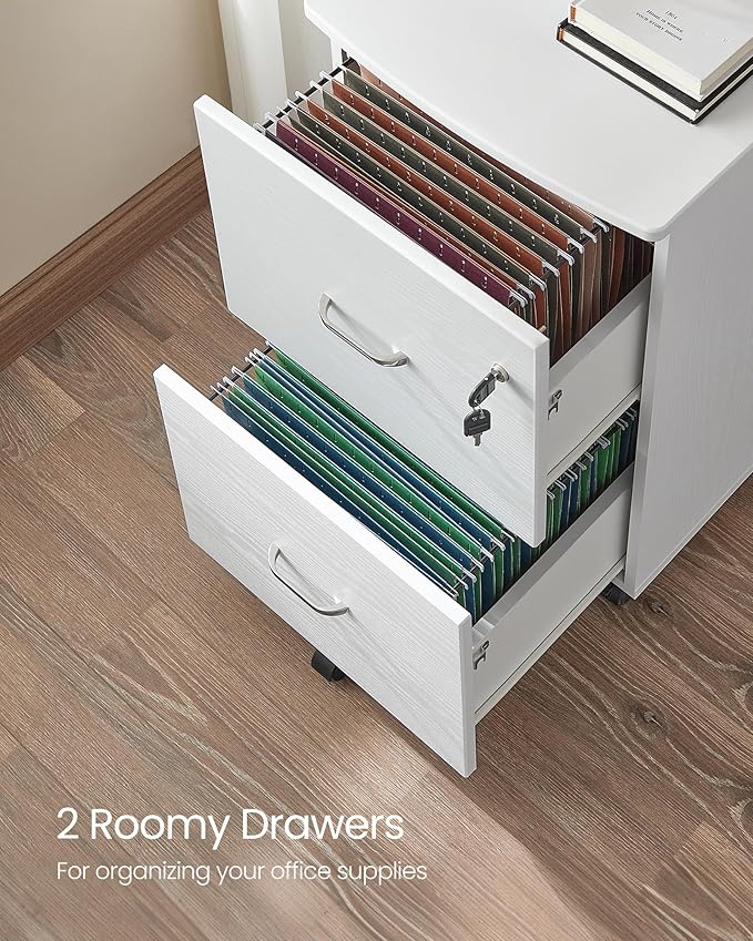 VASAGLE 2-Drawer File Cabinet, Locking Filing Cabinet for Home Office, Small Rolling Printer Stand, A4, Letter-Size Hanging Files, Assembly Required, White ULCD027T46V2