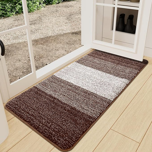 Kitinjoy Indoor Outdoor Door Mat, 47x24 Non-Slip Absorbent Dirt Trapper, Low-Profile Washable Inside Entrance Front Floor Mat, Sturdy Soft Entry Doormats for Entryway, Brown