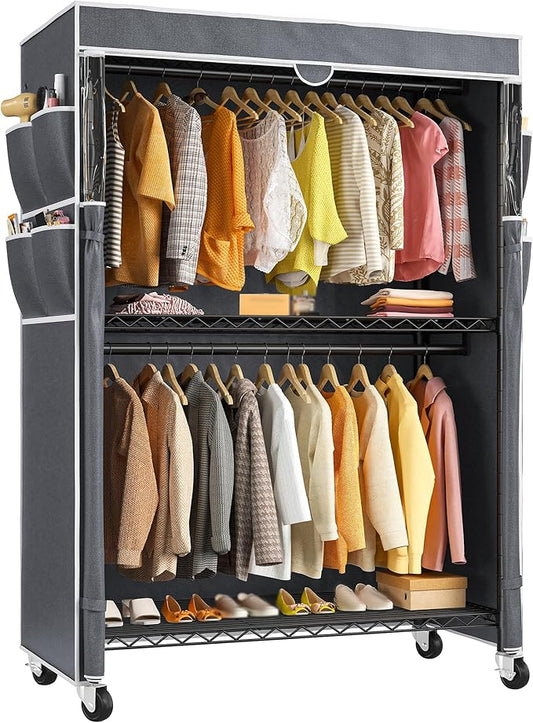 Raybee Clothes Rack with Cover, 81" H Clothing Racks for Hanging Clothes, Portable with Wheels and Adjustable Feets, Max Load 440LBS, Black