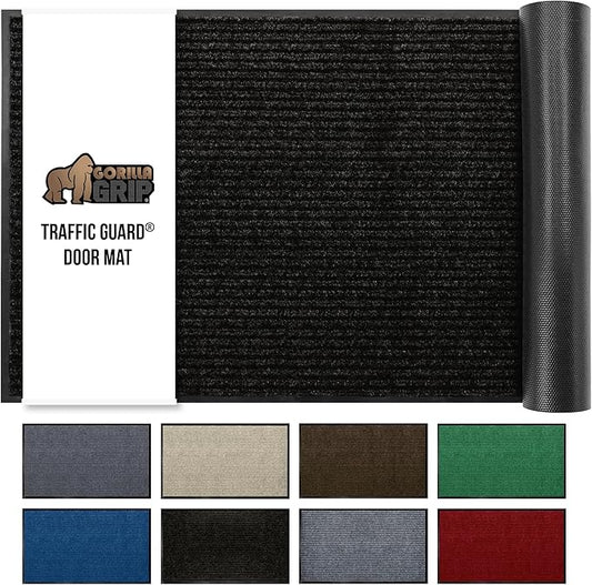 GORILLA GRIP Traffic Guard Door Mat, Heavy Duty Welcome Mats, Commercial Office Space Doormat, Waterproof, Fade Resistant, Strong Rubber Backing, Low Profile, Shoe and Boot Scraper, 35x23, Jet Black