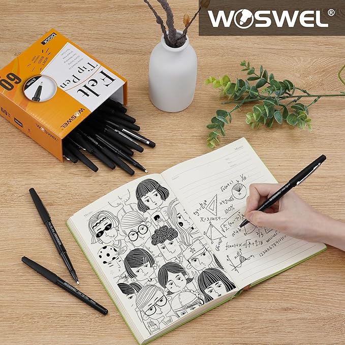Black Felt Tip Pens - 60 Pack, 0.7mm Medium Point Pens for Journaling, Note Taking, Planner, Writing, Drawing