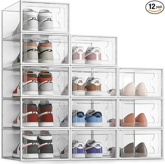 SEE SRPING XX-Large Shoe Storage Box Fit Size 14, Clear Plastic Stackable Shoe Organizer for Closet, Shoe Rack Sneaker Containers Bins Holders, Drawer Organize Unit, 12 Pack Clear