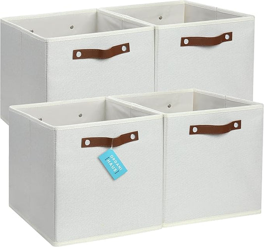 OrganiHaus White 12x12 Fabric Storage Bins - Set of 4, Cube Fabric Organizer Bins with Vegan Handles, Kallax Storage Cubes, Cubbies Organizer Boxes, 12Inch Cubic Baskets for Shelves