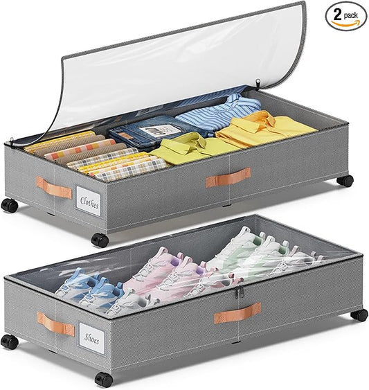 Under Bed Storage with Wheels, 2-Pack Under Bed Storage Containers with Clear Lids, XXL 65L Under the bed storage Organizer Bins, Rolling Under Bed Metal Drawer for Clothes,Shoes,Toys (Gray, 2-Pack)