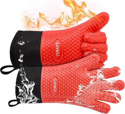 Kitchen Oven Gloves - Dual-Layer Heat Resistant Grilling Gloves, Silicone Oven Mitts with 5 Fingers, Waterproof Non-Slip Pot Holder for Barbecue, Cooking, Baking (Red, Long)