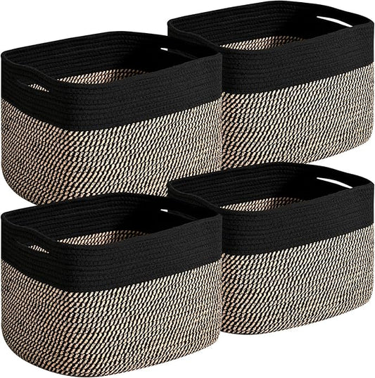 Small Storage Baskets for Organizing Shelves, Cotton Rope Basket for Storage, Cute Rectangular Book Toy Basket, 12.7"×9.1"×7.9", 4 Packs, Black & Jute