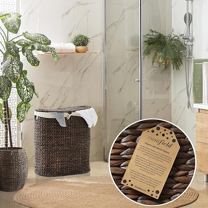 Casafield Oval Laundry Hamper with Lids and Removable Liner Bags - Espresso, Woven Water Hyacinth 2-Section Laundry Basket Sorter for Clothes and Towels