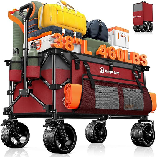 220L Collapsible Wagon Cart Foldable, 460lbs Load Capacity Heavy Duty Folding Beach Wagons with Big All-Terrain Wheels, Utility Carts for Groceries, Camping, Sports - Grey&Burgundy
