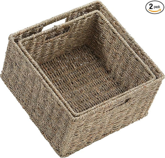 HOONEX Wicker Storage Baskets for Organizing, Decorative Woven Seagrass Baskets for Storage with Carrying Handles, Set of 2, Natural