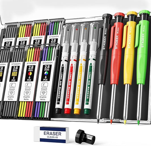 4PCS Carpenter Pencils with Sharpener, Heavy Duty Woodworking Pencils, Mechanical Carpenter Pencil with 52 Refills, Deep Hole Long Nib Marker Pens for Architect Construction Marking with Case