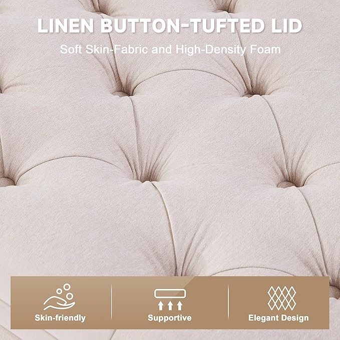 50" Storage Ottoman Bench, Tufted Ottoman with Storage for Living Room, Large End of Bed Ottomans, Modern Entryway Benchs, Window & Bedroom Benches for Foot of Bed (Beige)