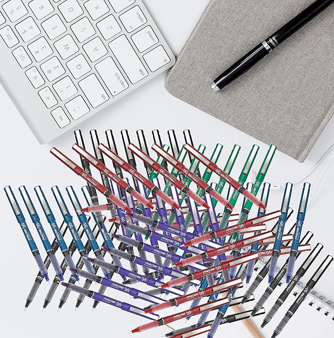 Precise V5 Stick Rolling Ball Pens, Extra Fine Point (.5mm), Assorted Colors Black/Blue Ink, 6-pk; Bundle with Plastic Reusable Pouch